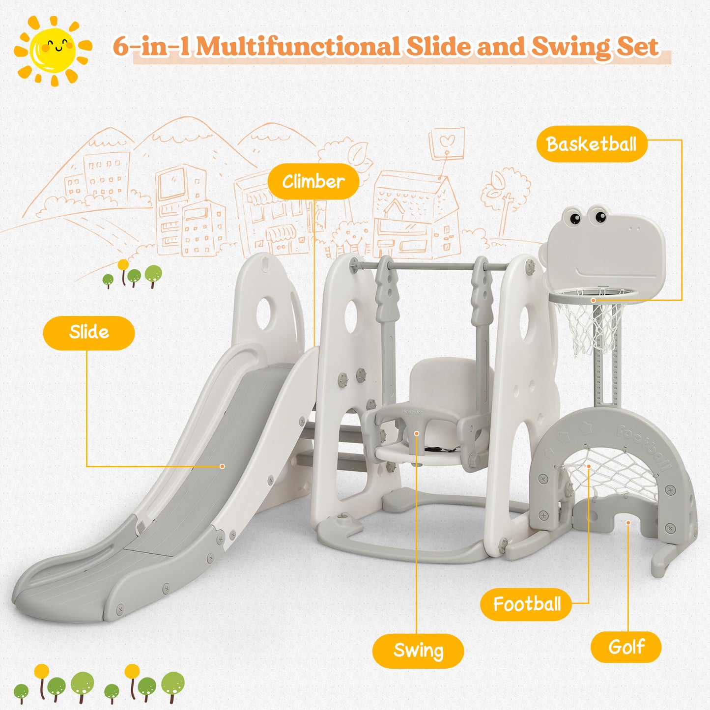 6 in 1 Toddler Slide and Swing Set with Adjustable Basketball Hoop for Indoor-Grey