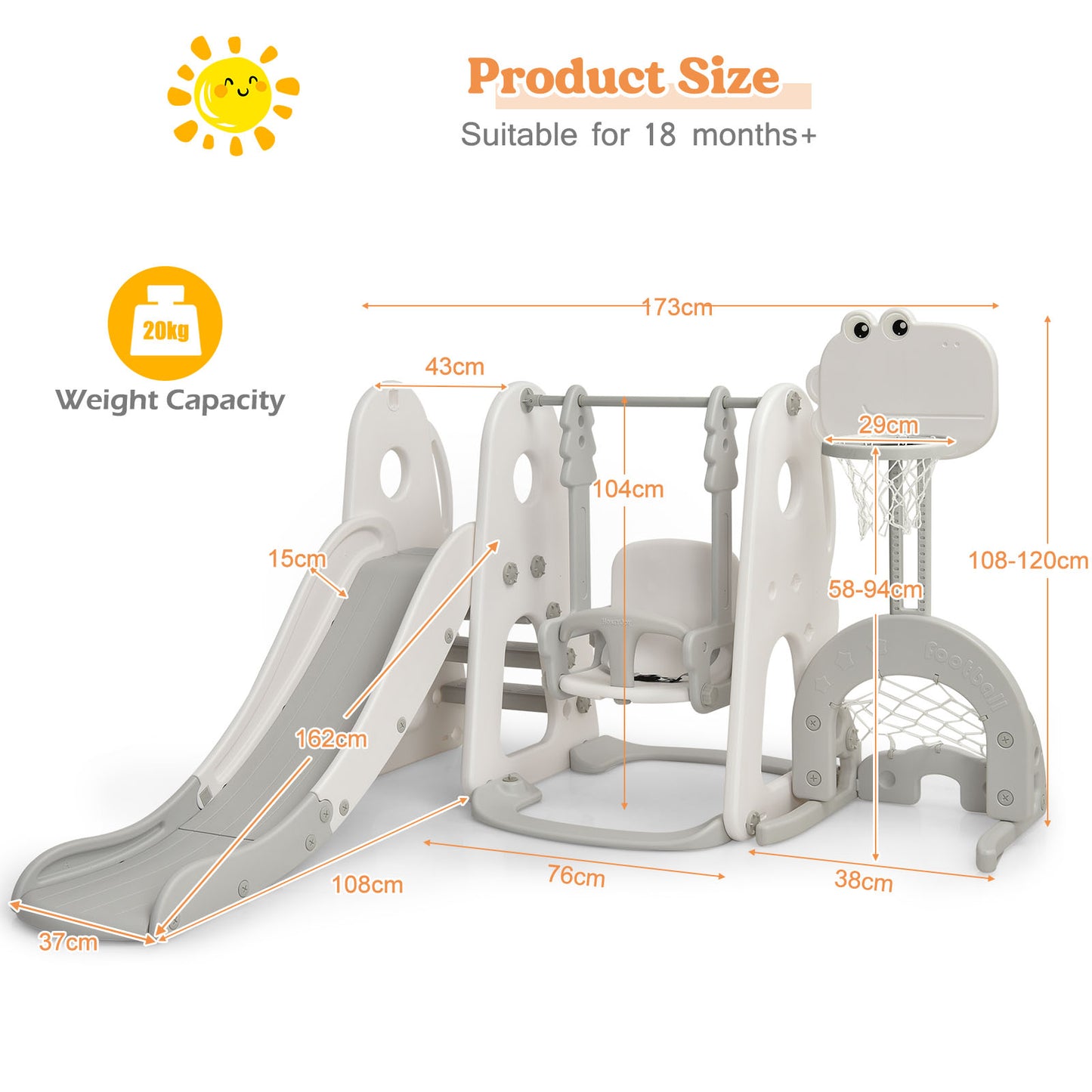 6 in 1 Toddler Slide and Swing Set with Adjustable Basketball Hoop for Indoor-Grey