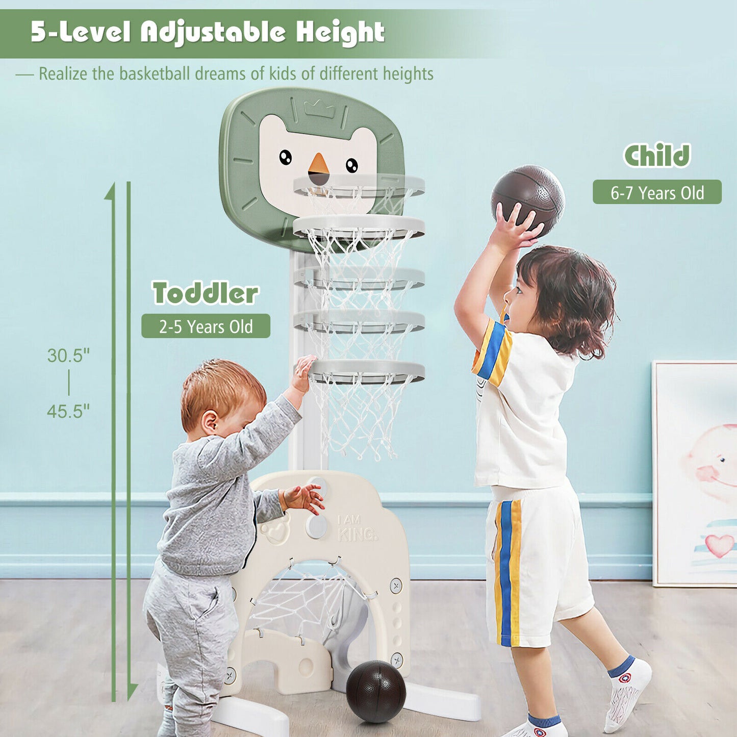 3-in-1 Basketball Hoop Set Stand 5 Adjustable Height