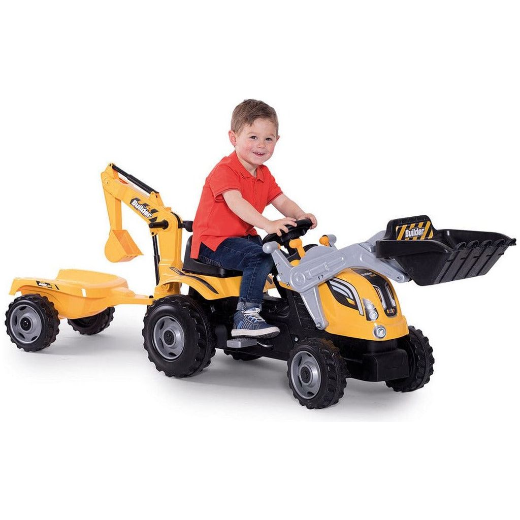 boy riding Smoby Builder Maxx Tractor & Trailer