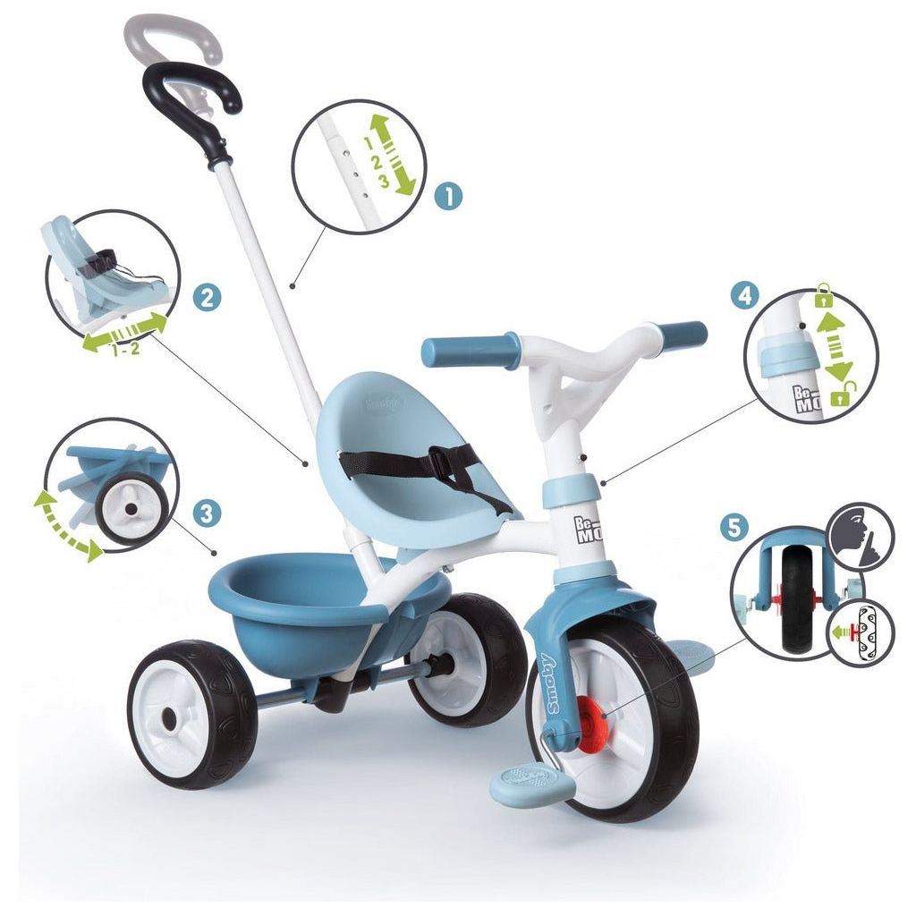 multiple features of blue Smoby Be Move Trike