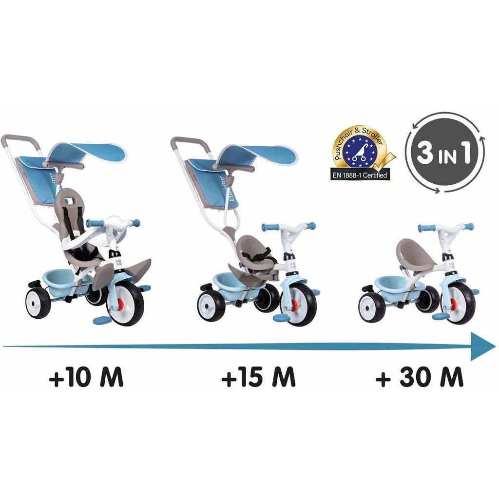 different stages of blue Smoby Baby Balade Trike in blue