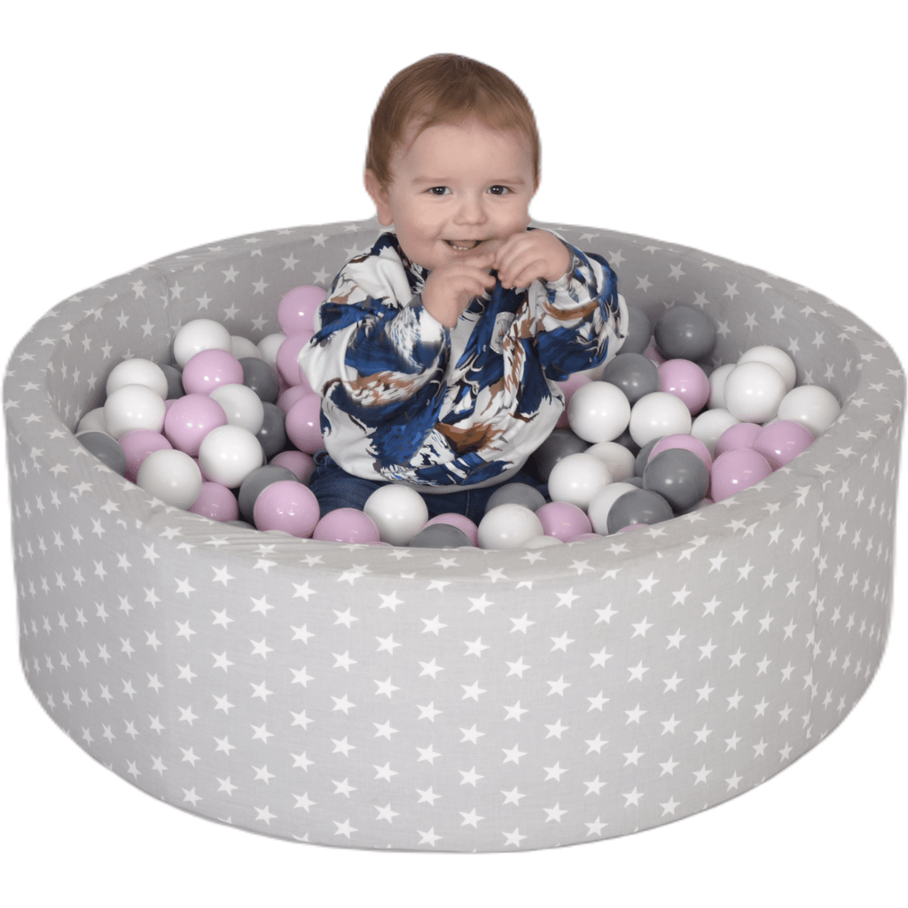 Misioo Cotton Ball Pit Grey and White Stars with 200 Pink & Grey Balls