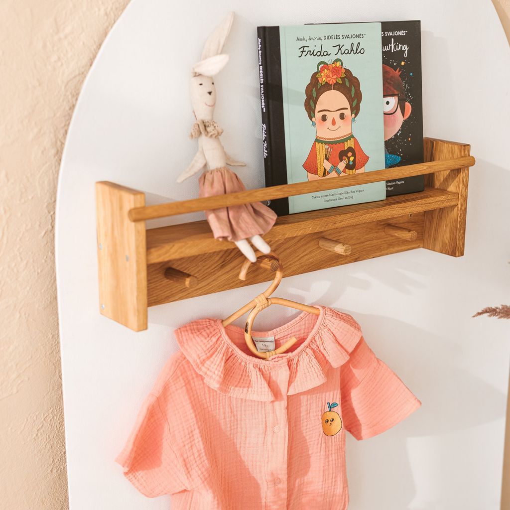 MINICAMP Floating Kids Bookshelf With Coat Hooks Made of Solid Oak left side