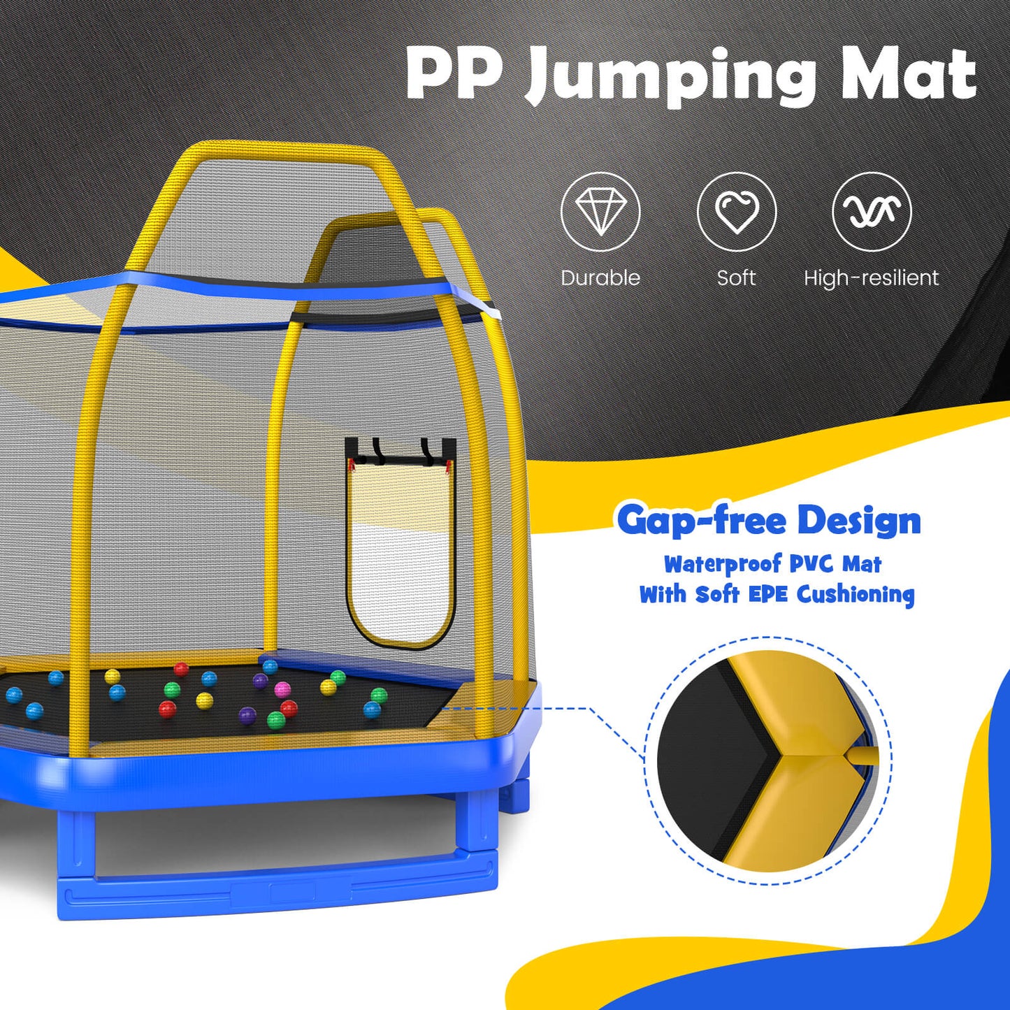 7 Feet Hexagonal Trampoline with Slide and Safety Enclosure Net-Blue