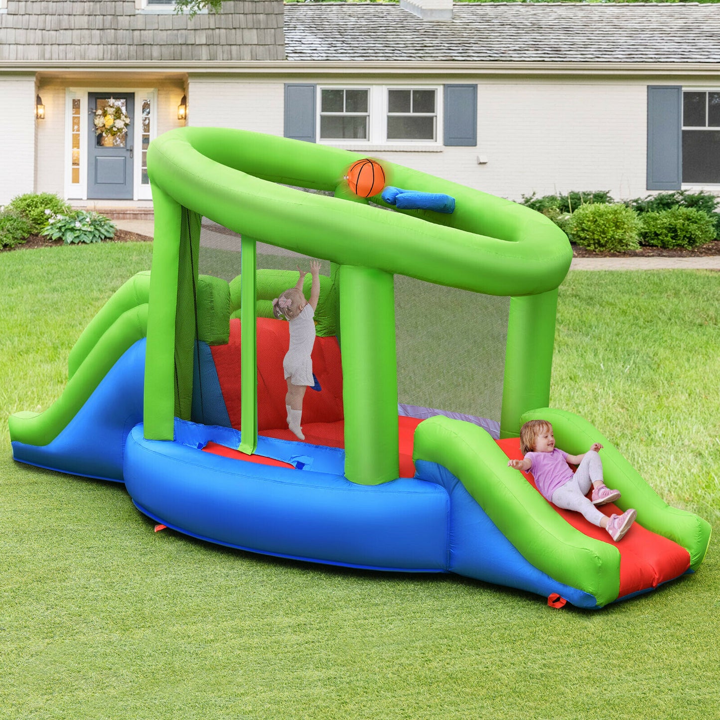 Inflatable Bouncy Castle with 2 Slides and a  Basketball Hoop