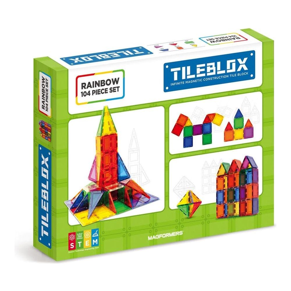 Magformers TileBlox Construction Toy Rainbow 104 Piece Set box  back of box