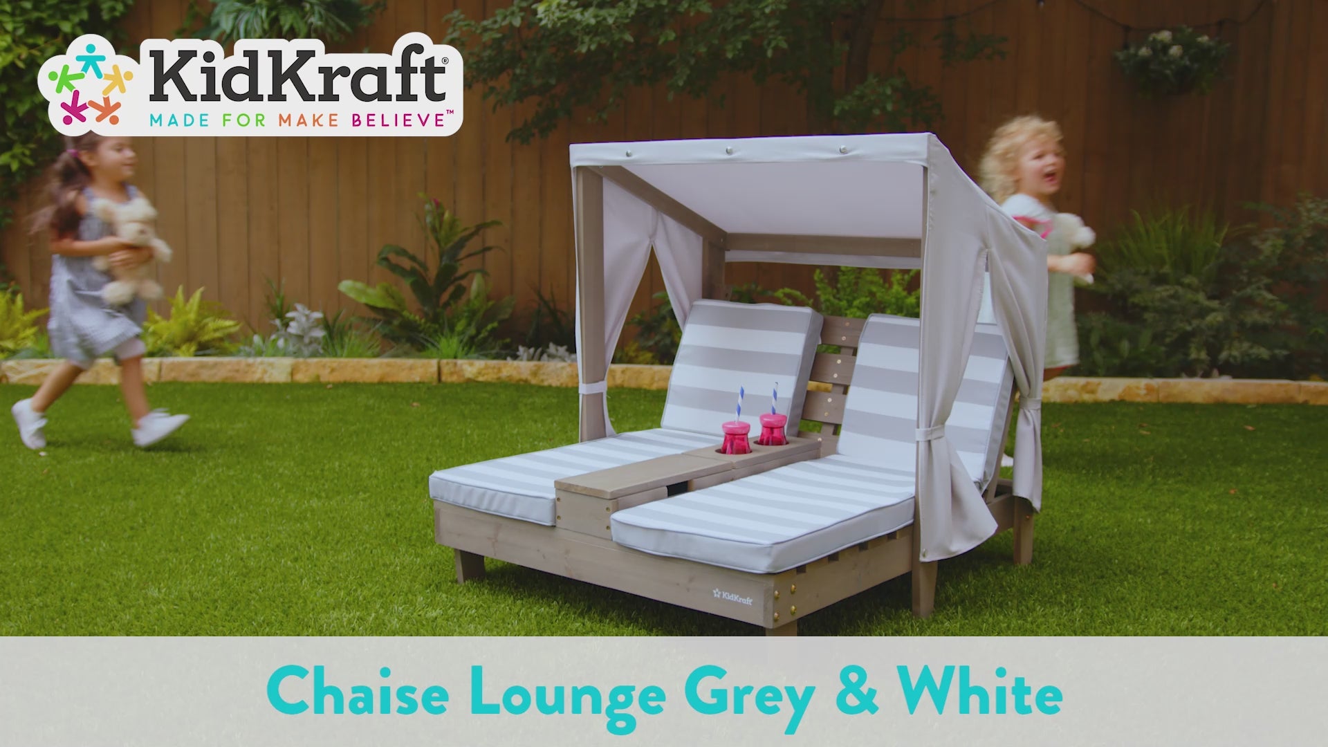video of 2 girls relaxing on KidKraft Double Chaise Lounge with Cup Holders - Grey