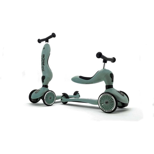 pair of Scoot and Ride Highwaykick 1 - Forest - Age 1-5 Years in scooter and seat mode