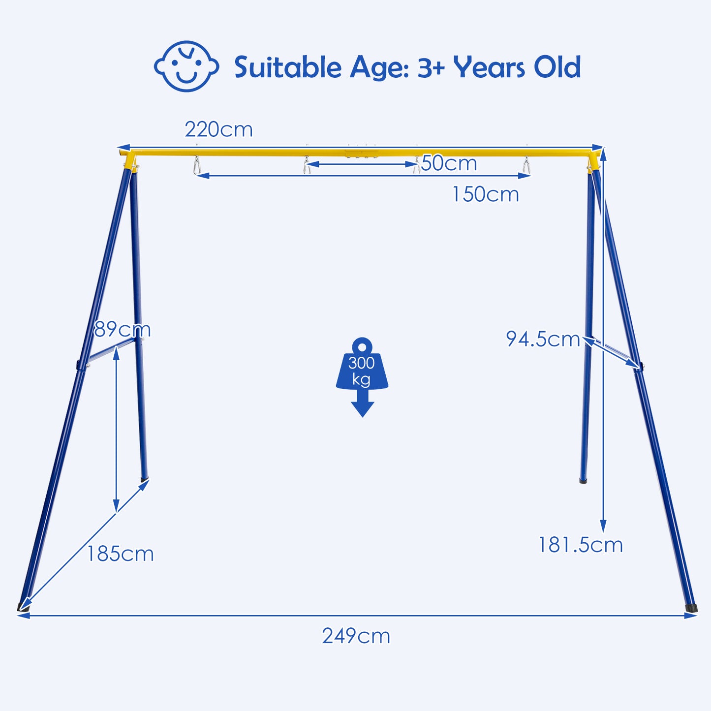 A-Shaped Metal Swing Frame with Anti-Slip Footpads-Blue &amp; Yellow