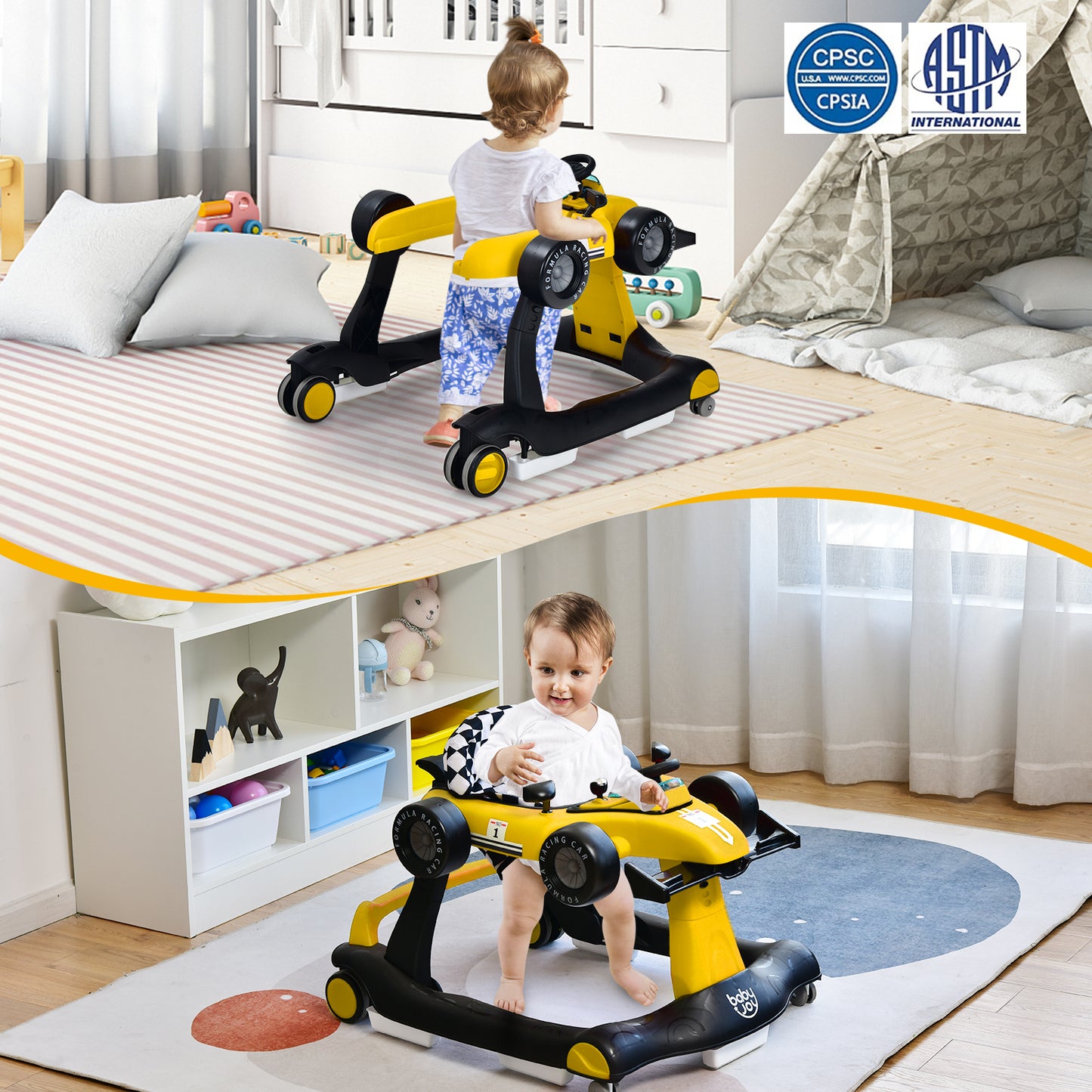 4-in-1 Baby Push Walker with Adjustable Height and Speed-Yellow