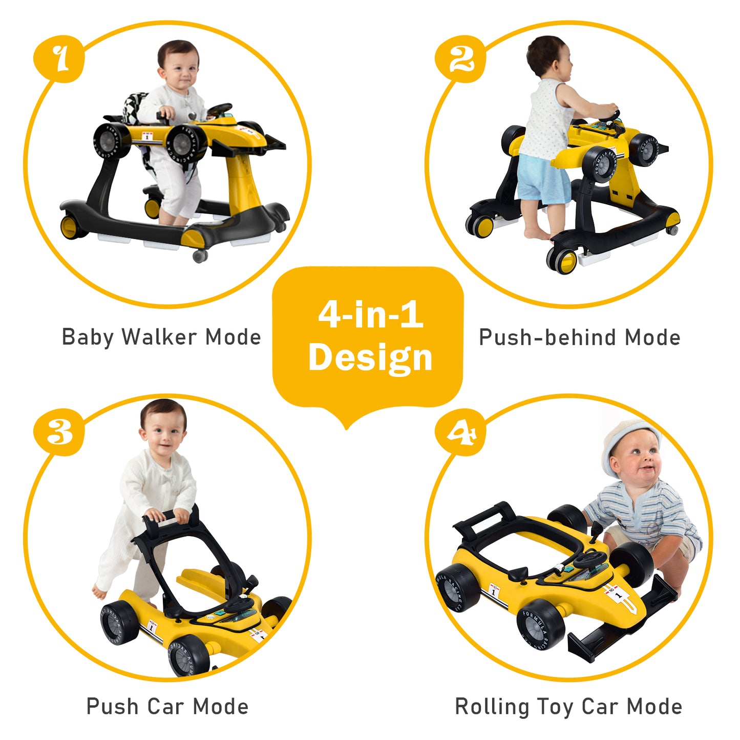 4-in-1 Baby Push Walker with Adjustable Height and Speed-Yellow