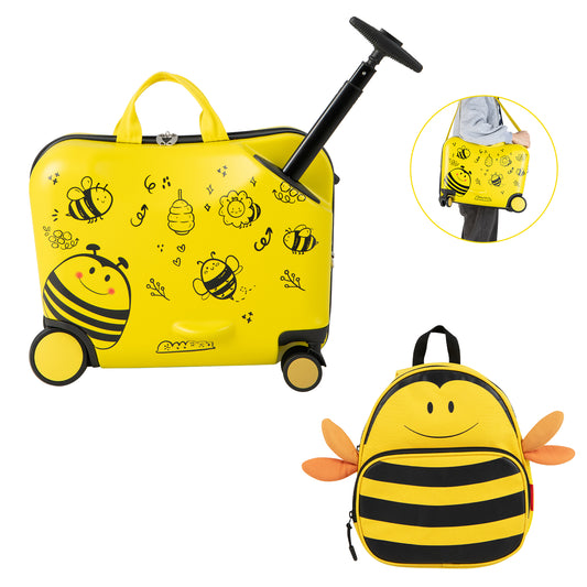 2 Pieces Kids Luggage Set with Spinner Wheels and Anti-Lose Rope - Bee