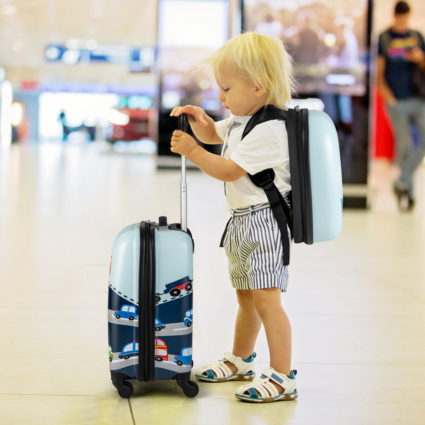 2 Piece Kids Luggage Set with Wheels and Height Adjustable Handle - Blue Vehicles