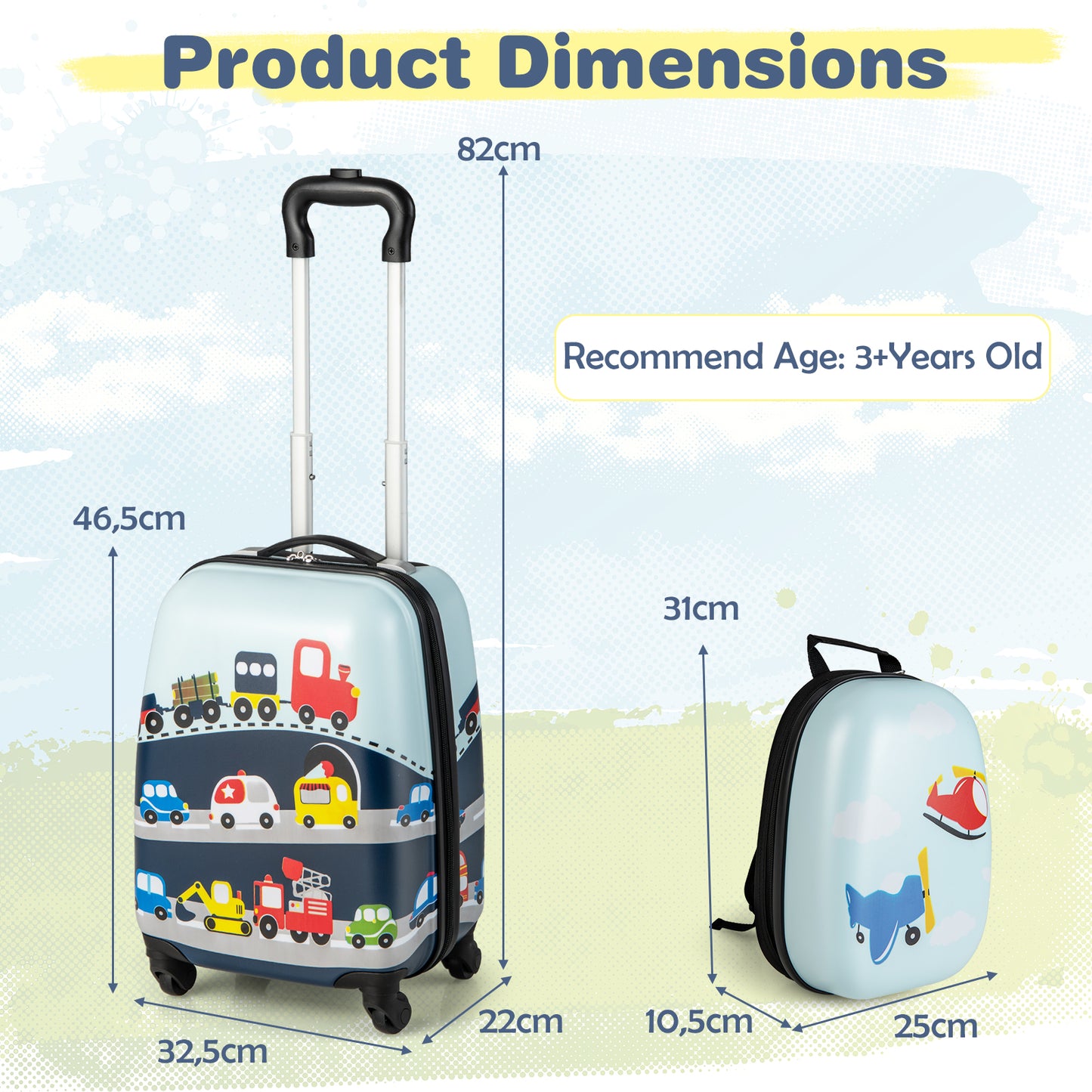 2 Piece Kids Luggage Set with Wheels and Height Adjustable Handle - Blue Vehicles