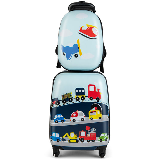 2 Piece Kids Luggage Set with Wheels and Height Adjustable Handle - Blue Vehicles