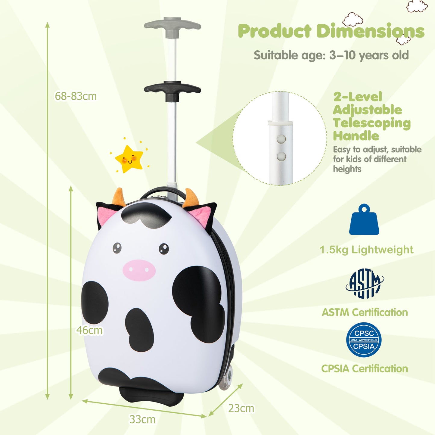 16 Inch Kids Luggage with Light-up Wheels and Telescopic Handle-White Cow