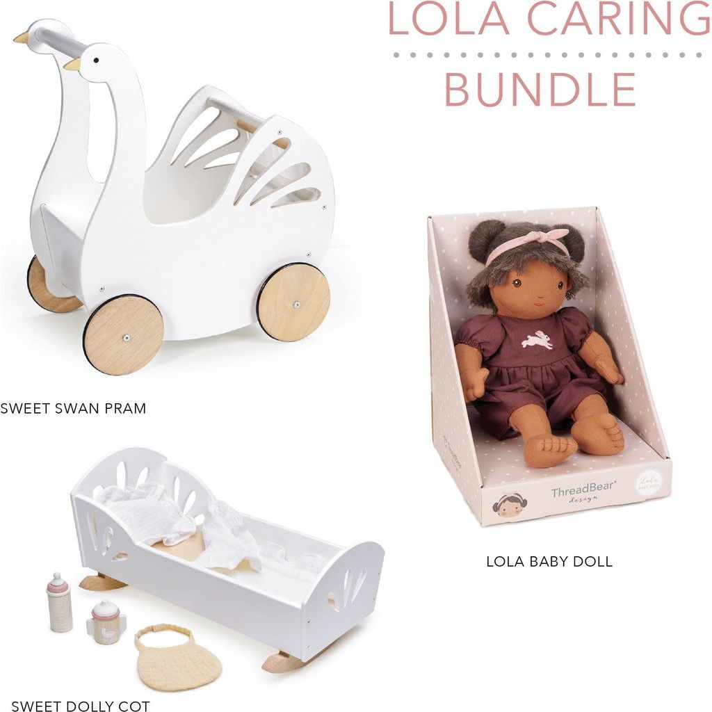 Tender Leaf Lola Caring Bundle Wooden Pram, Baby Doll and Baby Cot seperate pieces