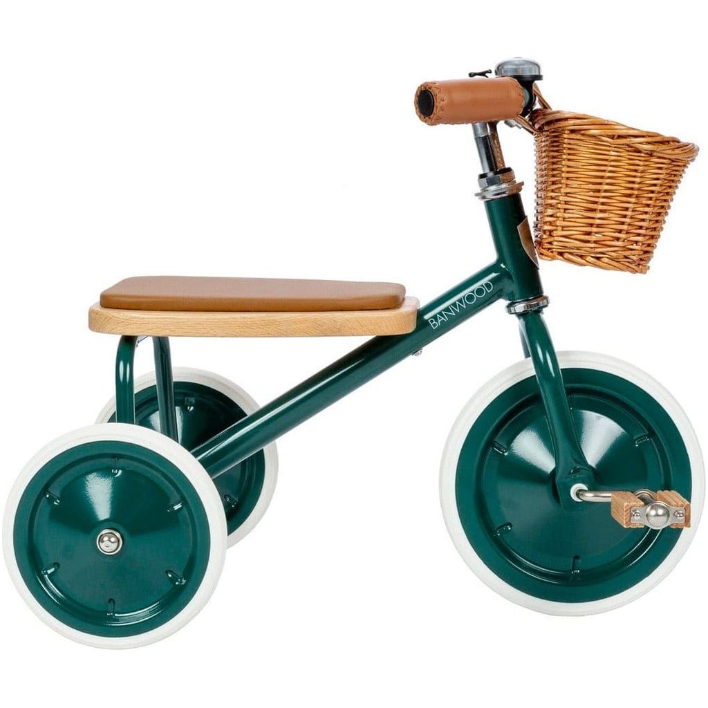 Banwood Trike Age 2+ in Green with wicker basket side on