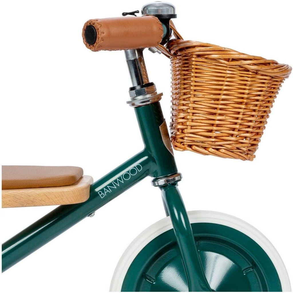 Banwood Trike Age 2+ in Green with wicker basket close up