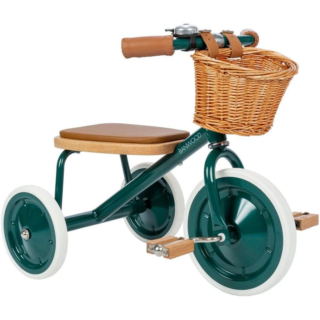 Banwood Trike Age 2+ in Green with wicker basket front angle