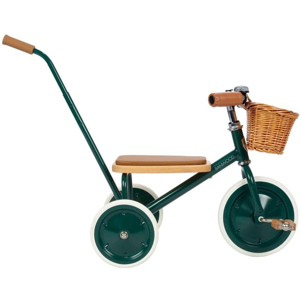 Banwood Trike Age 2+ in Green side view with wicker basket and push bar