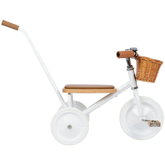 Banwood Trike Age 2+in White with wicker basket and push bar