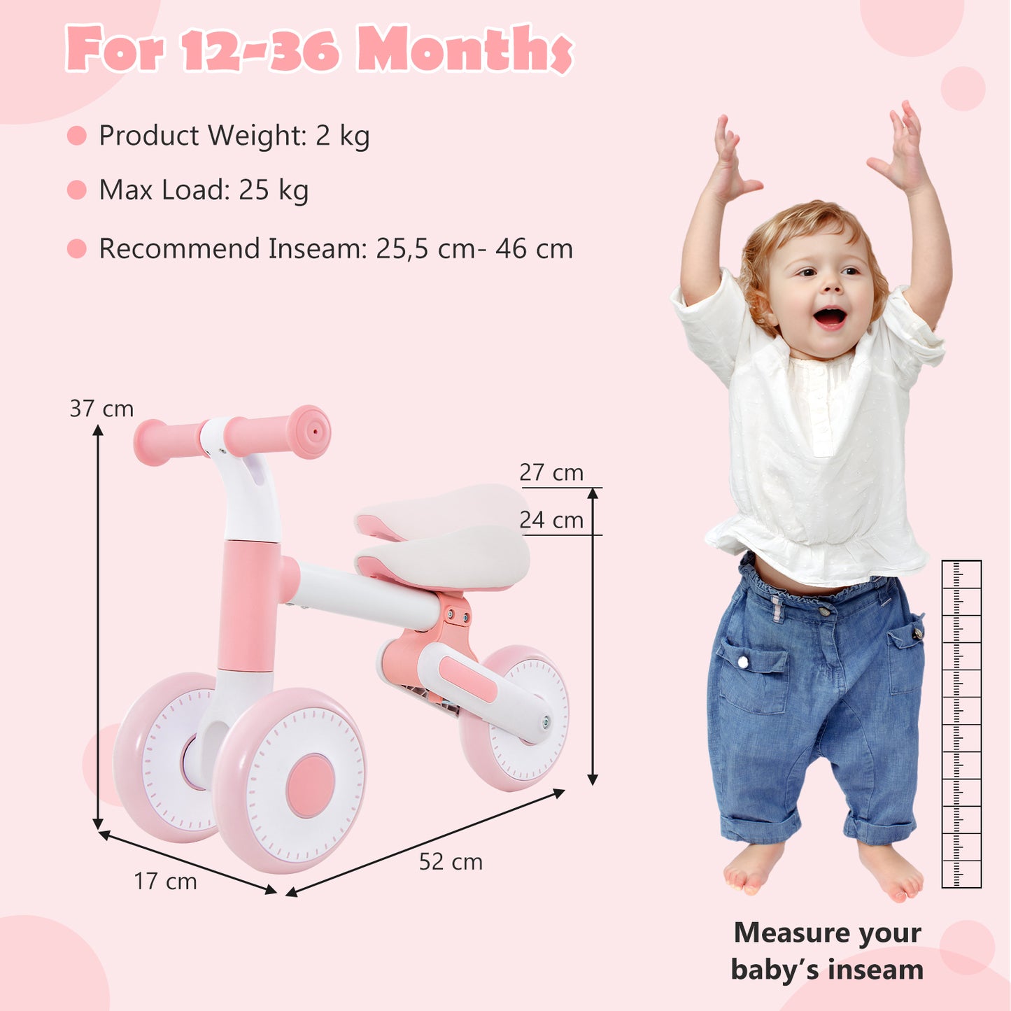 Baby Balance Bike Toddler Walker Training Bicycle with Adjustable Seat-Pink