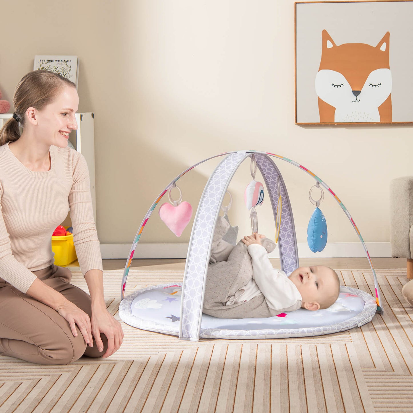 Baby Play Gym Mat 7-in-1 Tummy Time Activity with 5 Detachable Toys-Multicolor