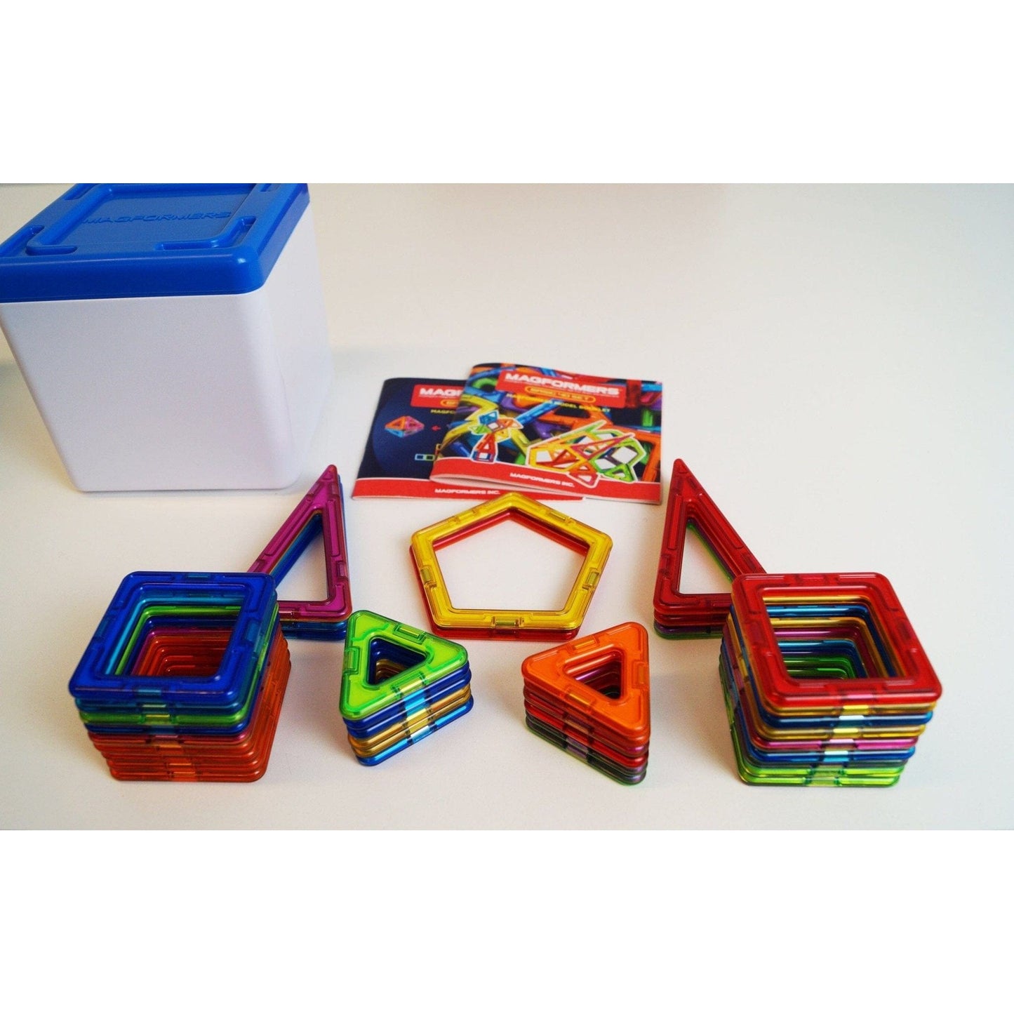 Magformers Construction Toys Basic 42 Piece Set + Storage Box pieces stacked on tabletop