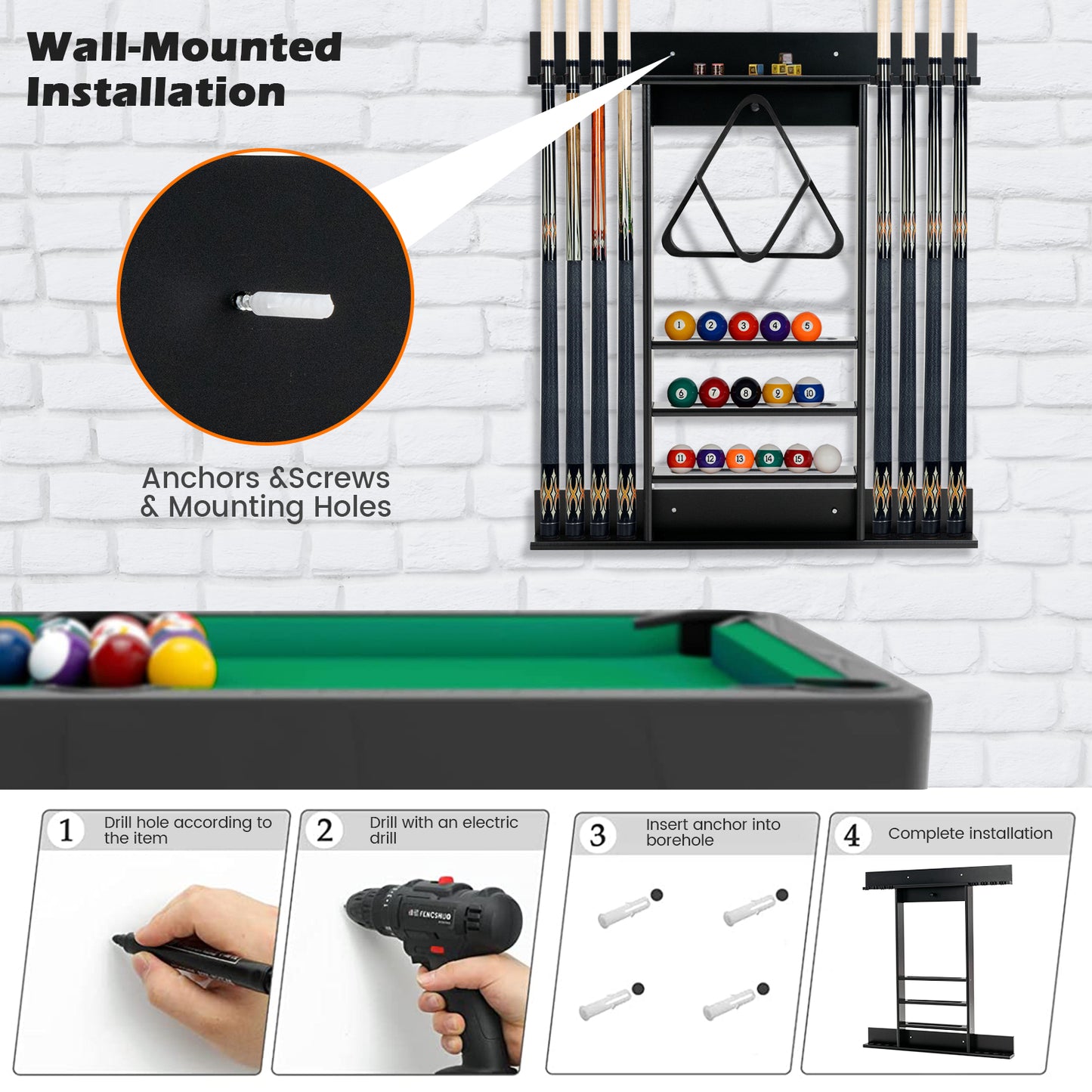 Wall Mounted Billiard Stick Holder Pool Cue Rack Only-Black