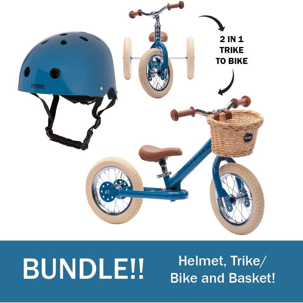 TryBike Bundle - Vintage Blue 2-in-1 Trike/Bike, Helmet and Basket