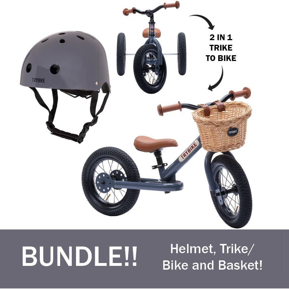 TryBike Bundle - Vintage Grey 2-in-1 Trike/Bike, Helmet and Basket