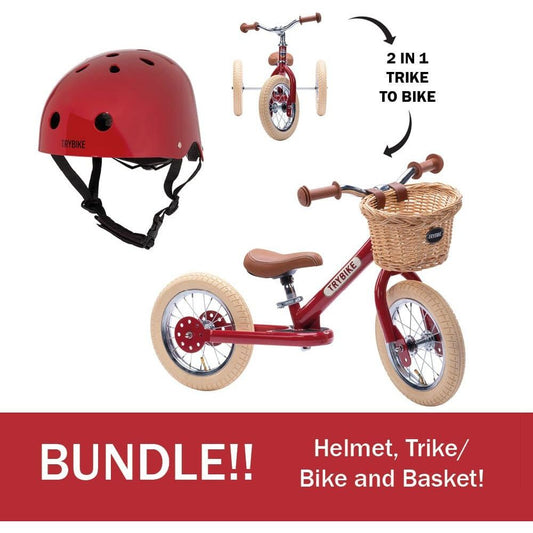 TryBike Bundle - Vintage Red 2-in-1 Trike/Bike, Helmet and Basket