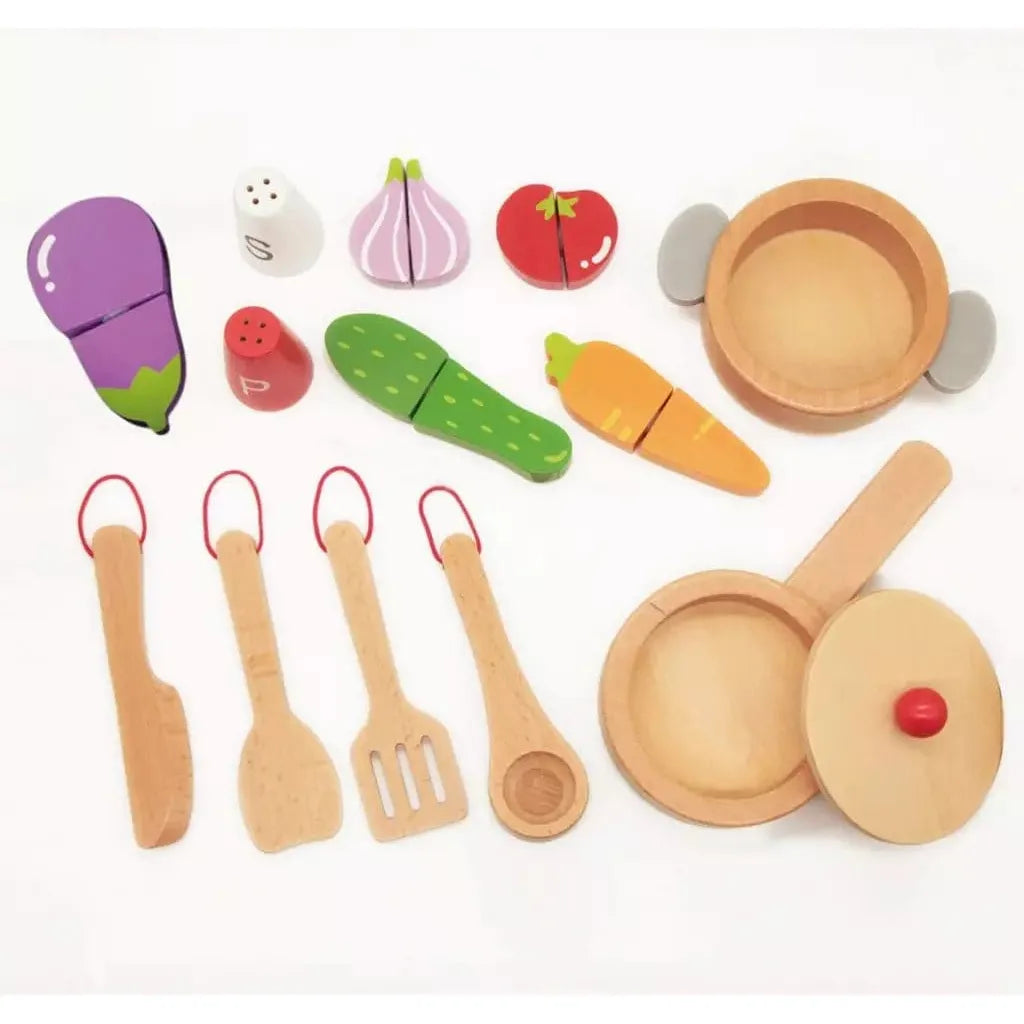 Classic World Wooden Chef's Kitchen Set food and utensils