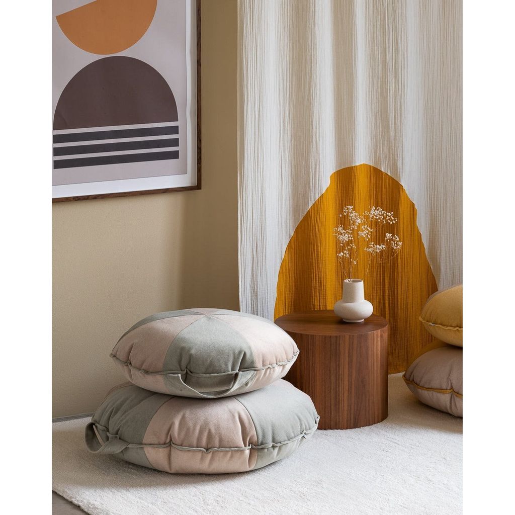 Wigiwama Cookie Beanbag cushions in Misty Green & Dusty Beige stacked on top of each other