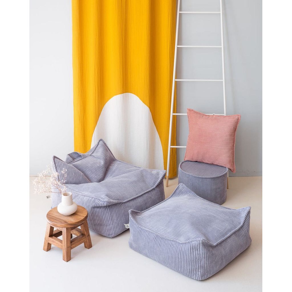 Wigiwama Blueberry Blue Square Ottoman with beanbag chair and side table
