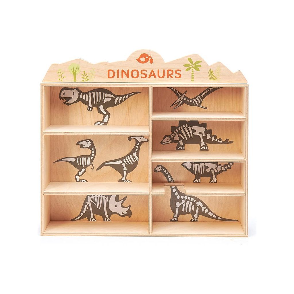 empty Tender Leaf 8 Wooden Dinosaurs Toys & Shelf with skeleton background