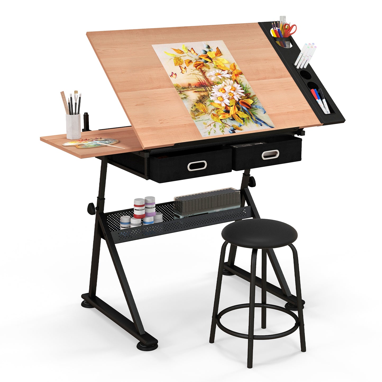 Drawing Table and Stool Set with Tilting Tabletop and Drawers-Natural