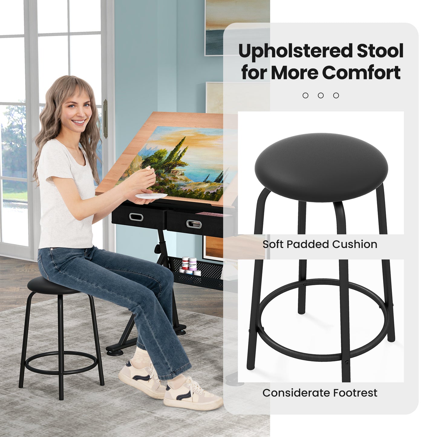 Drawing Table and Stool Set with Tilting Tabletop and Drawers-Natural