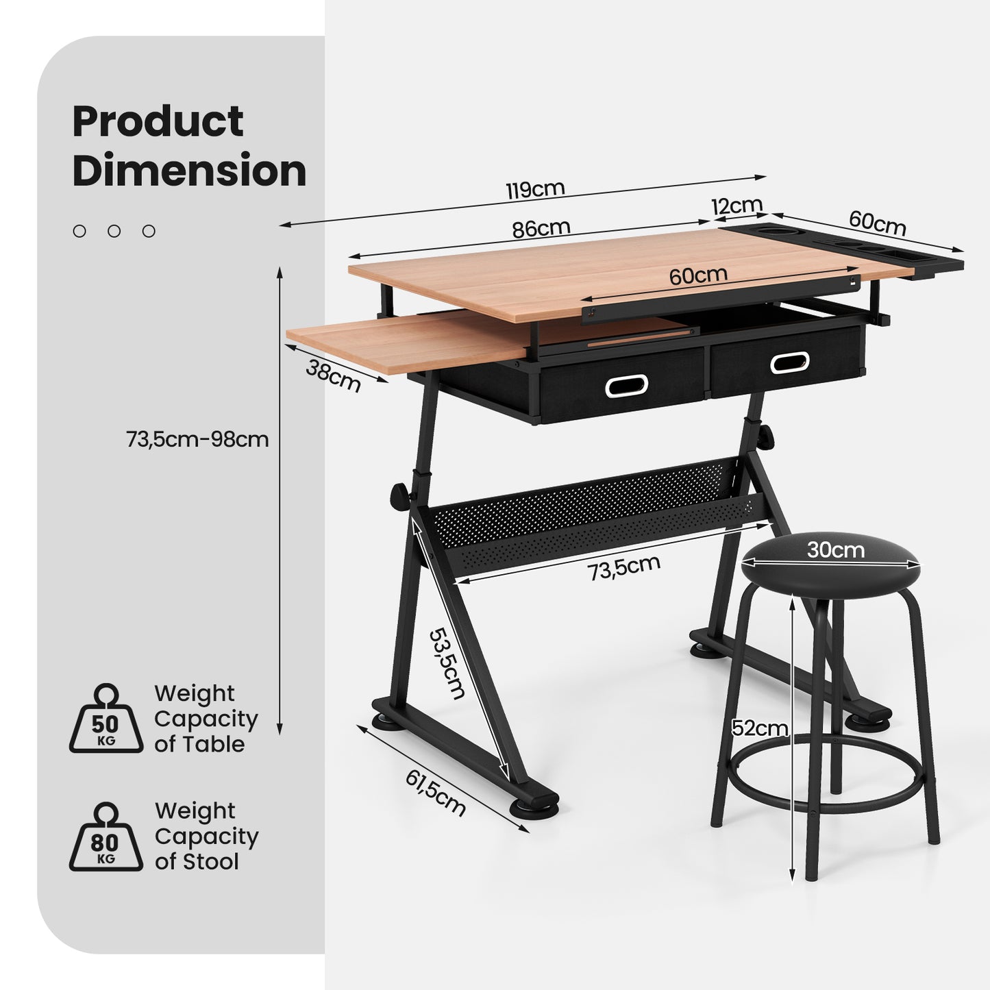 Drawing Table and Stool Set with Tilting Tabletop and Drawers-Natural