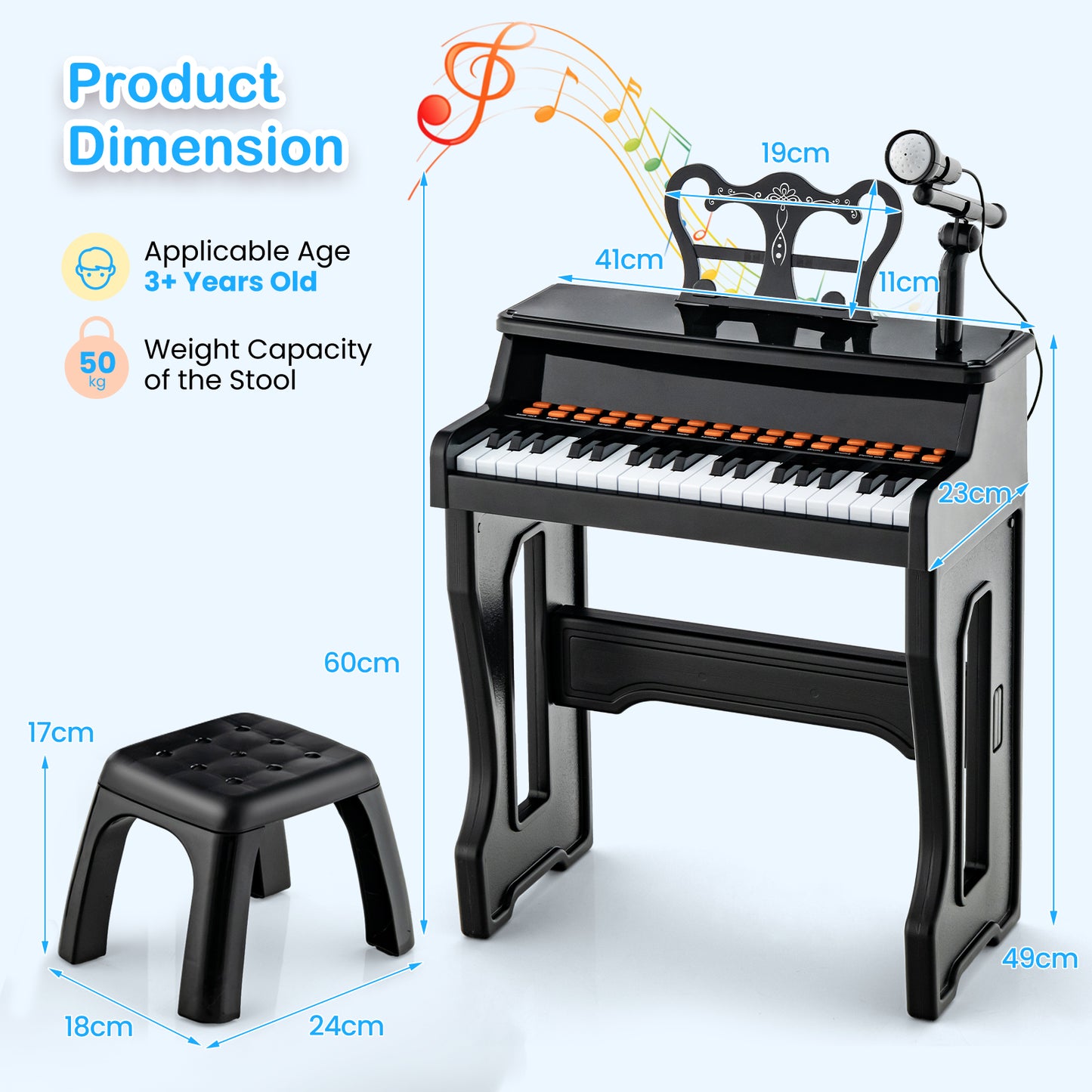 37-Key Electronic Piano Keyboard with Adjustable Microphone-Black