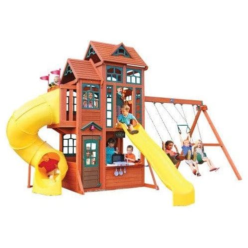 children playing on KidKraft Canyon Ridge Fort FSC front