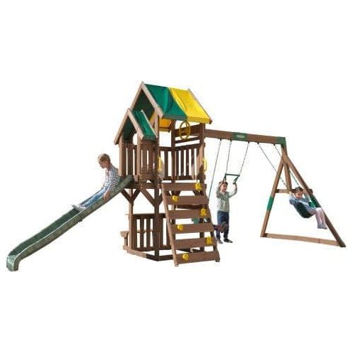 children on swings and slide of KidKraft Arbor Crest Deluxe Playset