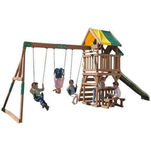 children on swings and bench of KidKraft Arbor Crest Deluxe Playset