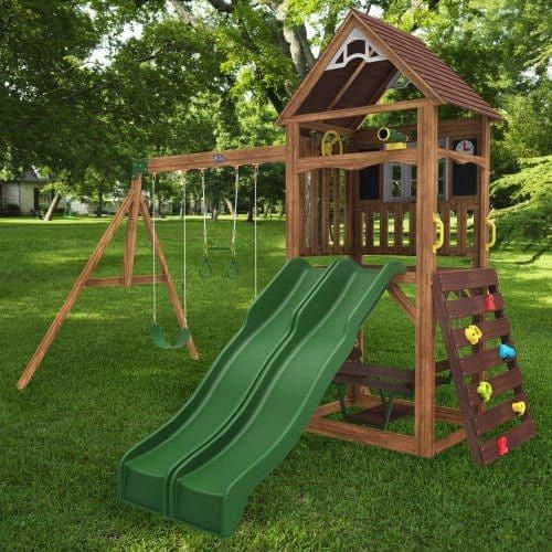KidKraft Lindale Playset double wave slides and climbing wall