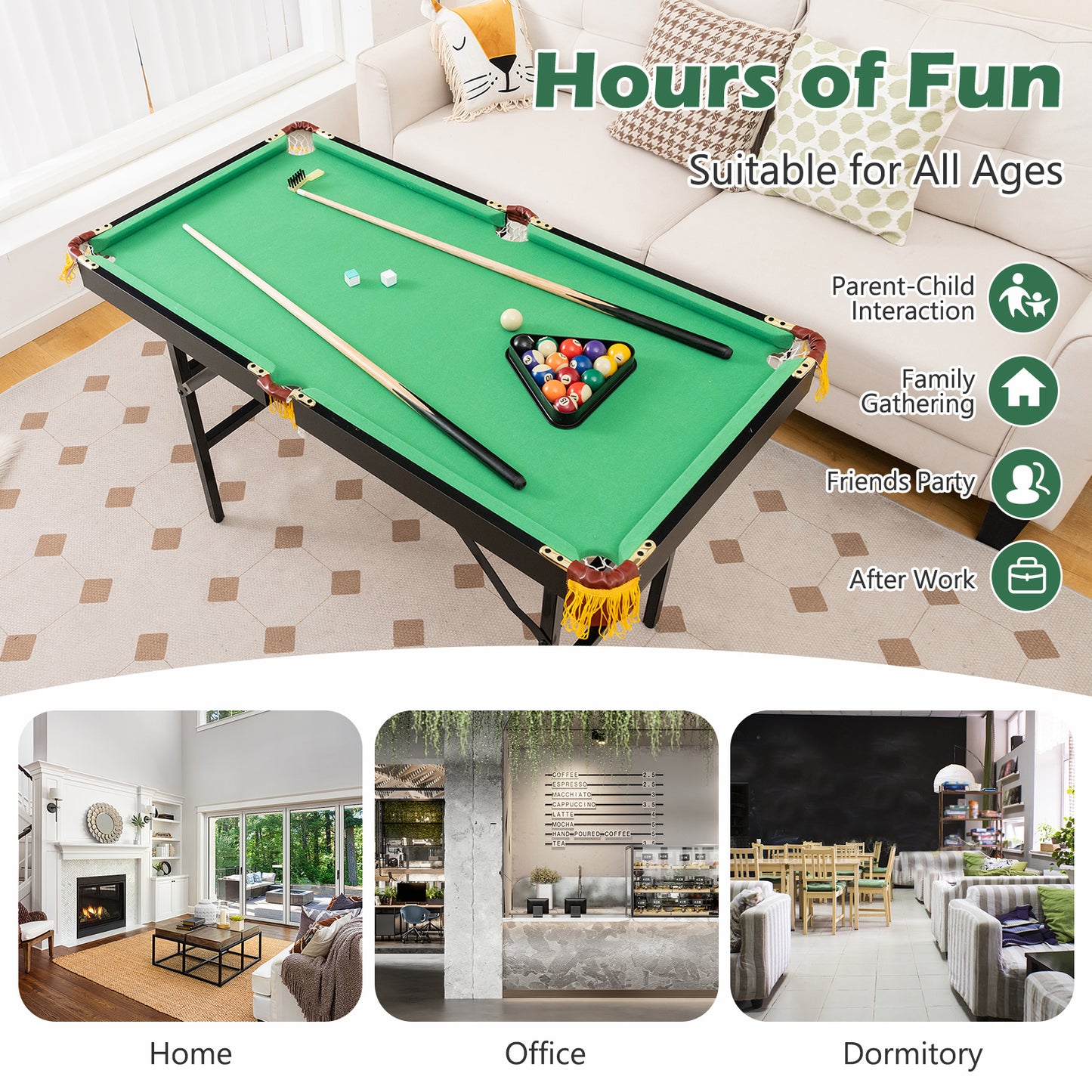 Folding Billiards Table with Accessory Set for Whole Family-Green