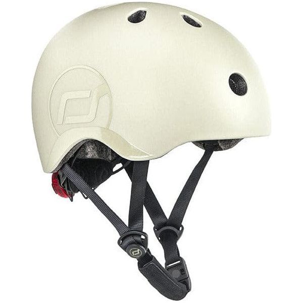 Scoot and Ride Helmet Ash - S-M side with logo and chin strap