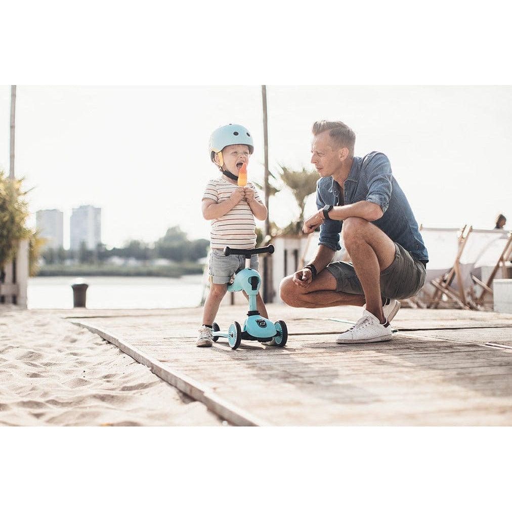 man and boy sitting on Scoot and Ride Highwaykick 1 - Blueberry - Age 1-5 Years