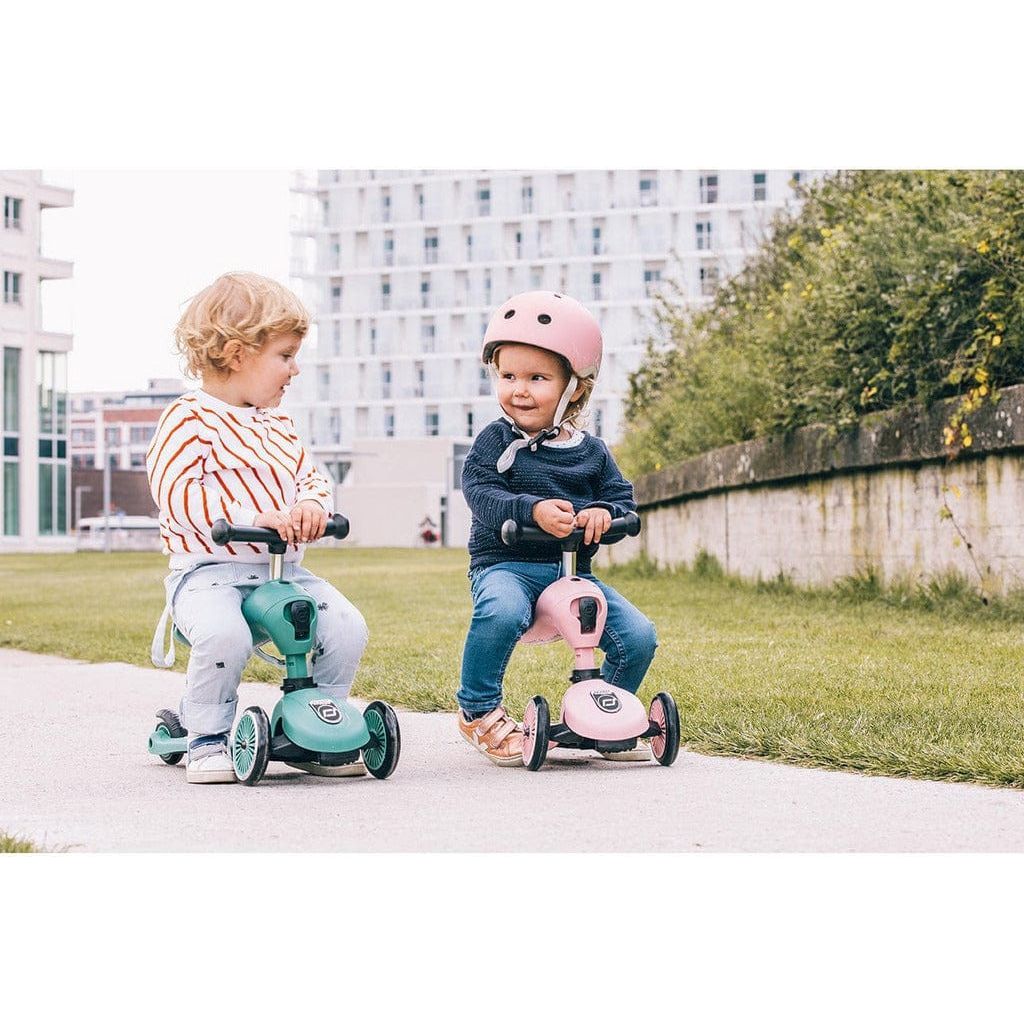 2 boys on Scoot and Ride Highwaykick 1  Scooters - Rose and Forest Green  - Age 1-5 Years